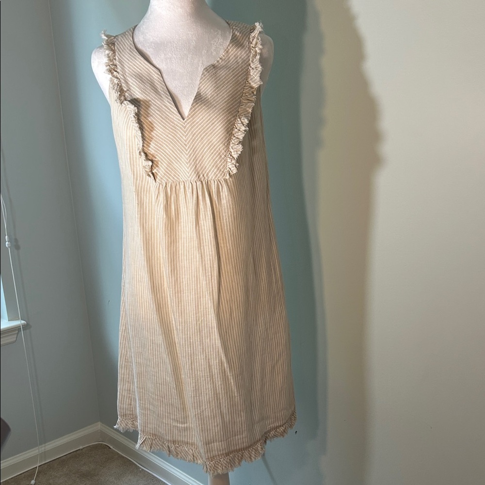 Vineyard Vines Beige & Khaki Striped Ruffled Mini 100% Linen Dress Size 8